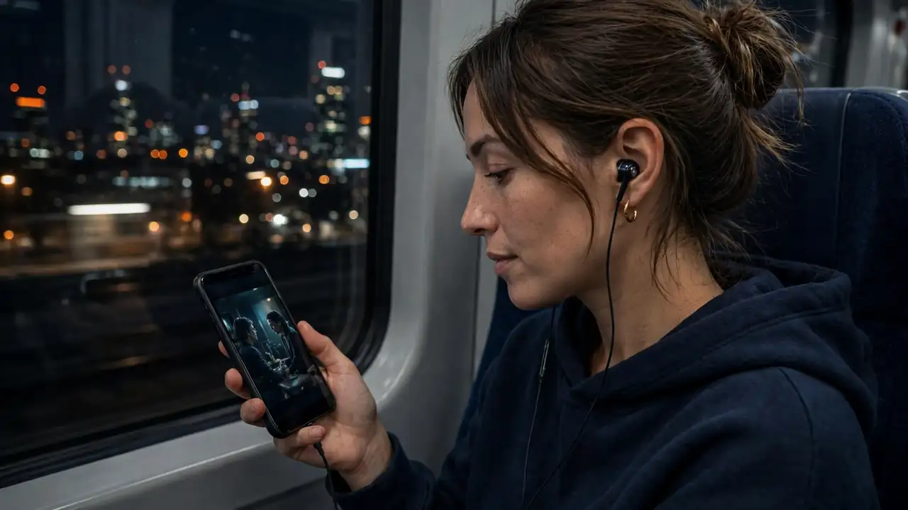 Person holding a smartphone watching a film on a train at night with earphones