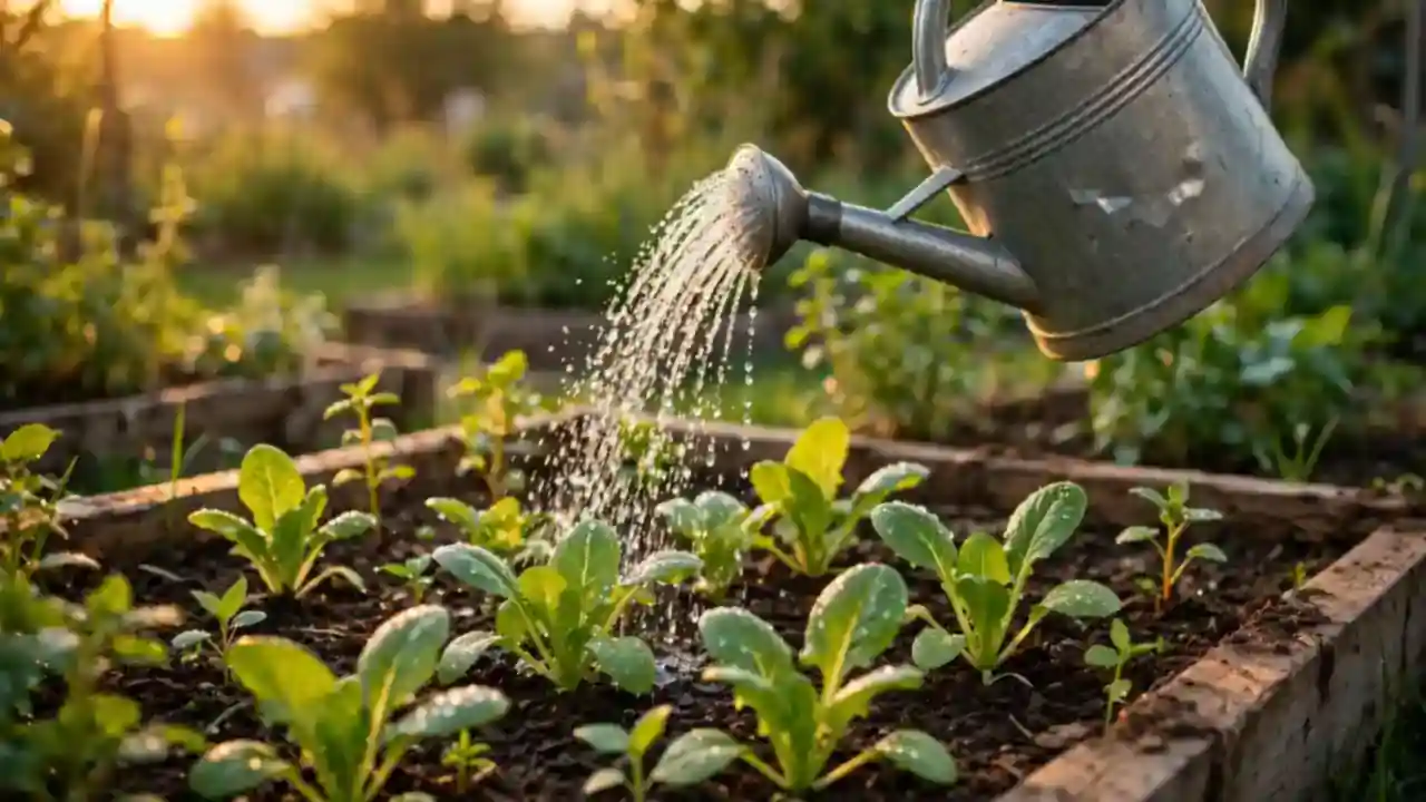 A metal watering can watering young green vegetable plants in a raised bed at golden hour
