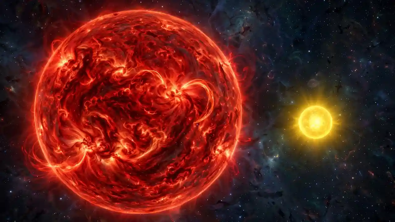 A massive glowing red giant star beside a smaller bright yellow star in a starfield