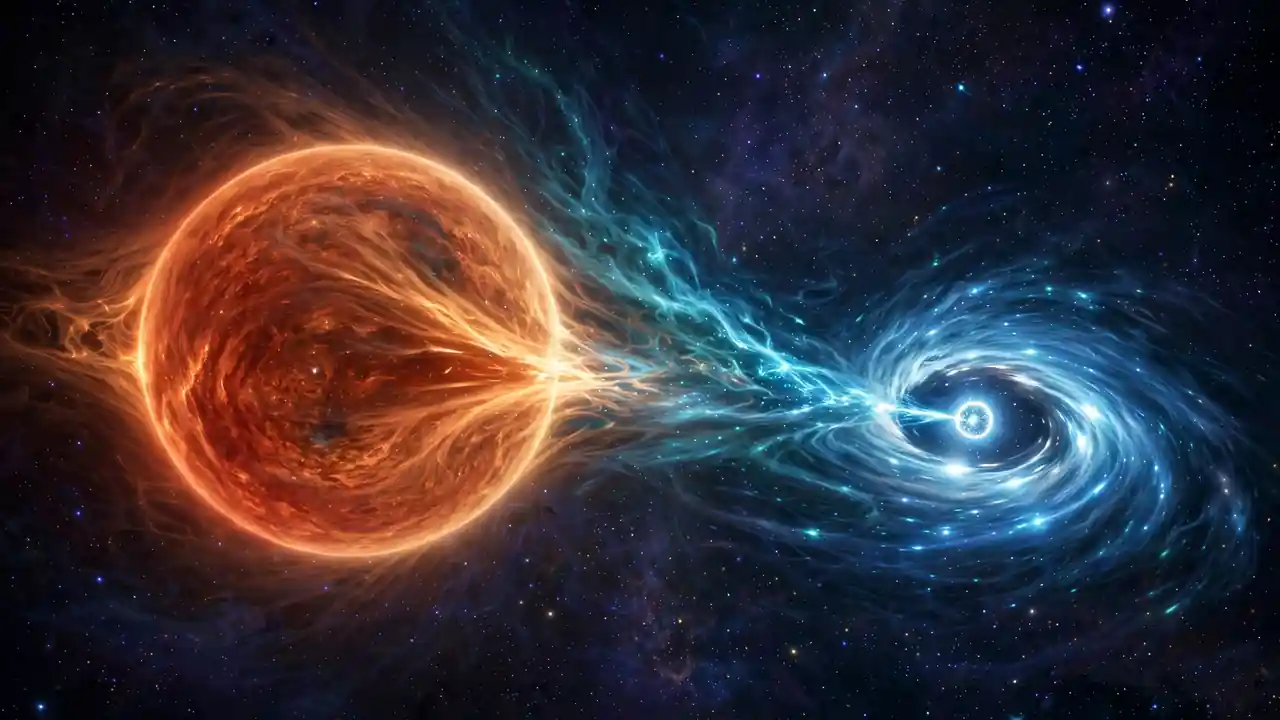A small white dwarf star pulling a glowing stream of gas from a larger companion star