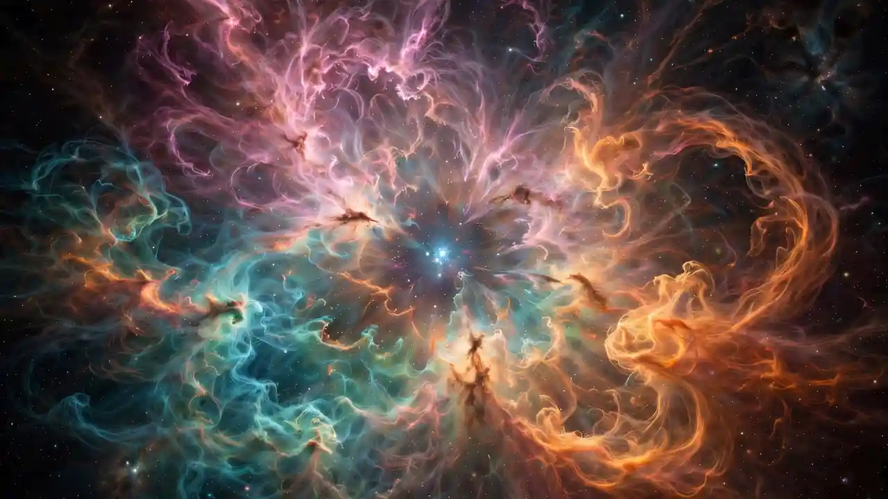 A colorful supernova remnant nebula with pink, teal and orange gas filaments around a bright central star