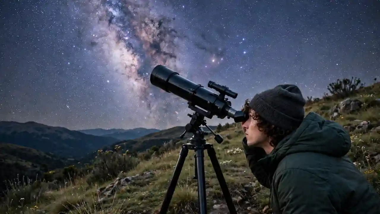 A person looking up at a starry night sky through a telescope on a hill.