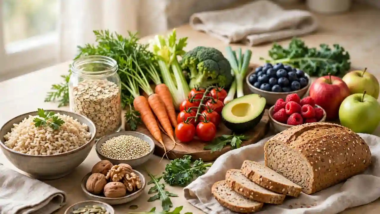 Fresh vegetables, fruit and whole grains on a kitchen counter