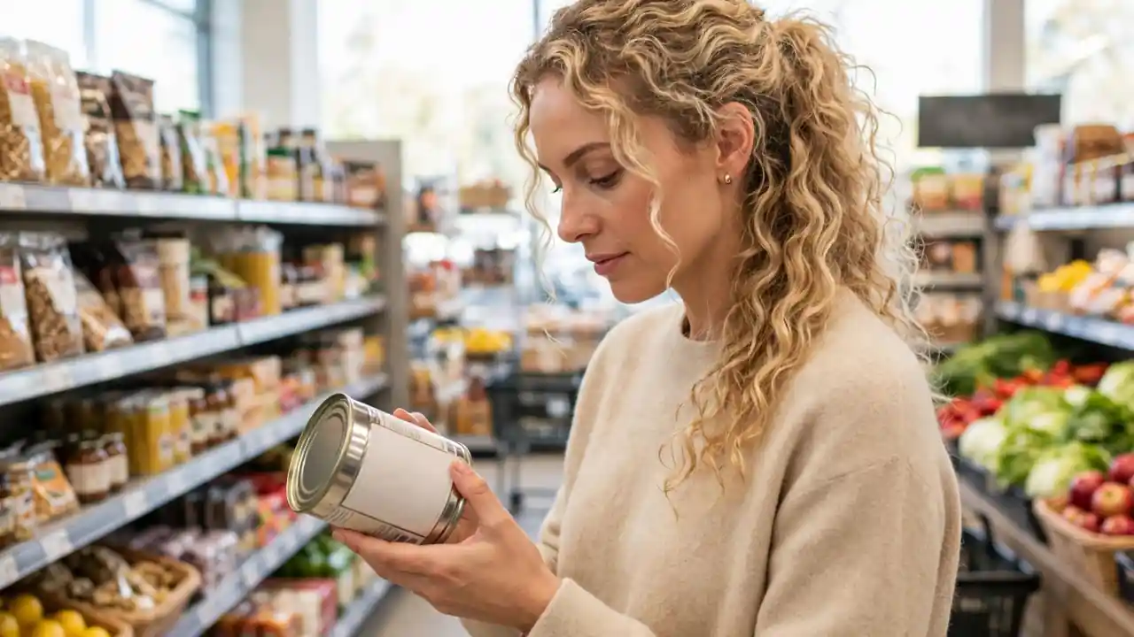 Person reading a food label on a soup tin in a grocery shop