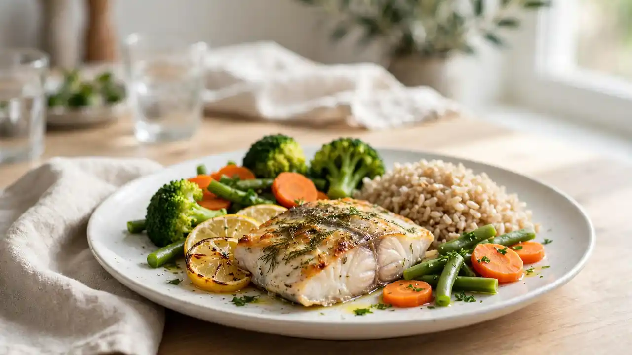 Healthy dinner plate with baked fish, brown rice and steamed vegetables