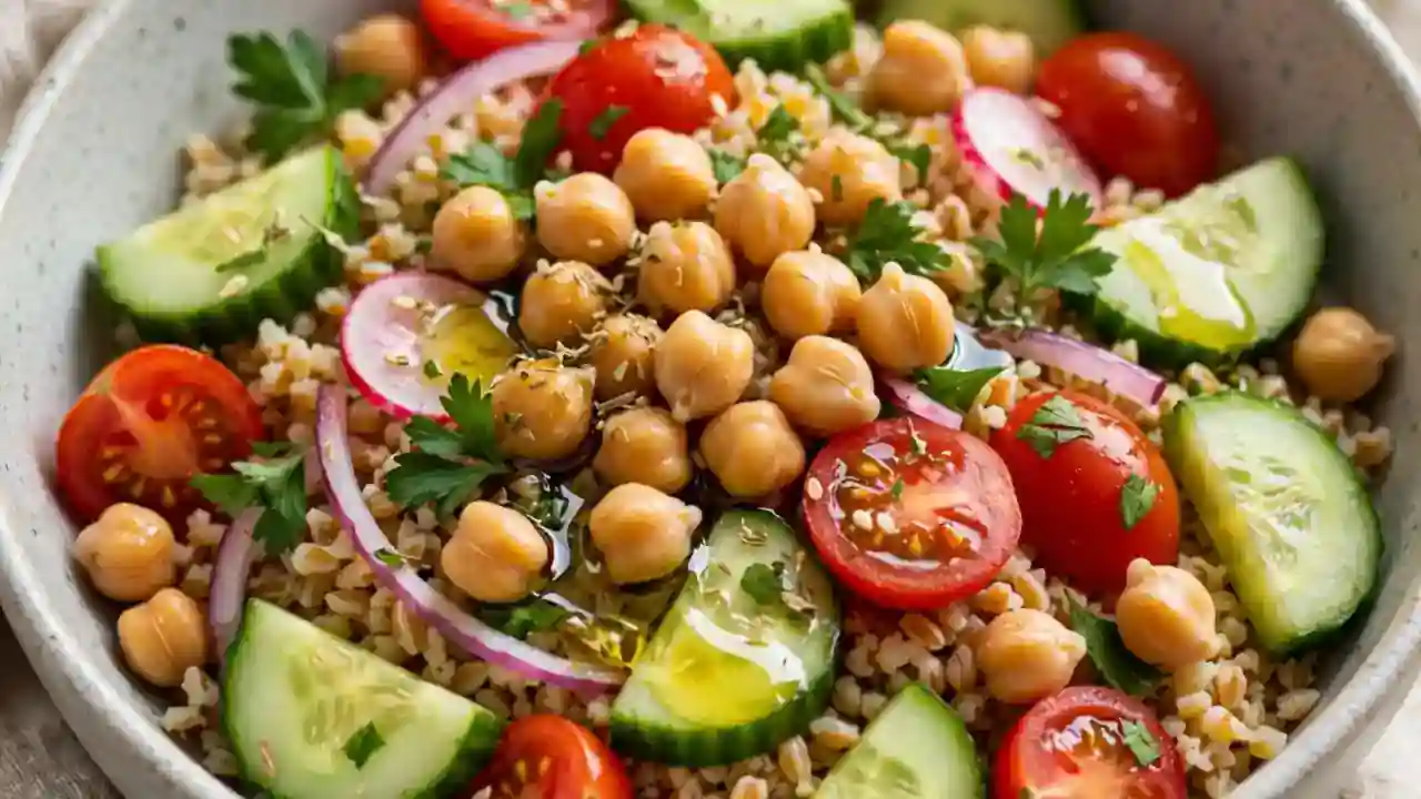 Simple Mediterranean bowl with vegetables, chickpeas, whole grains and olive oil