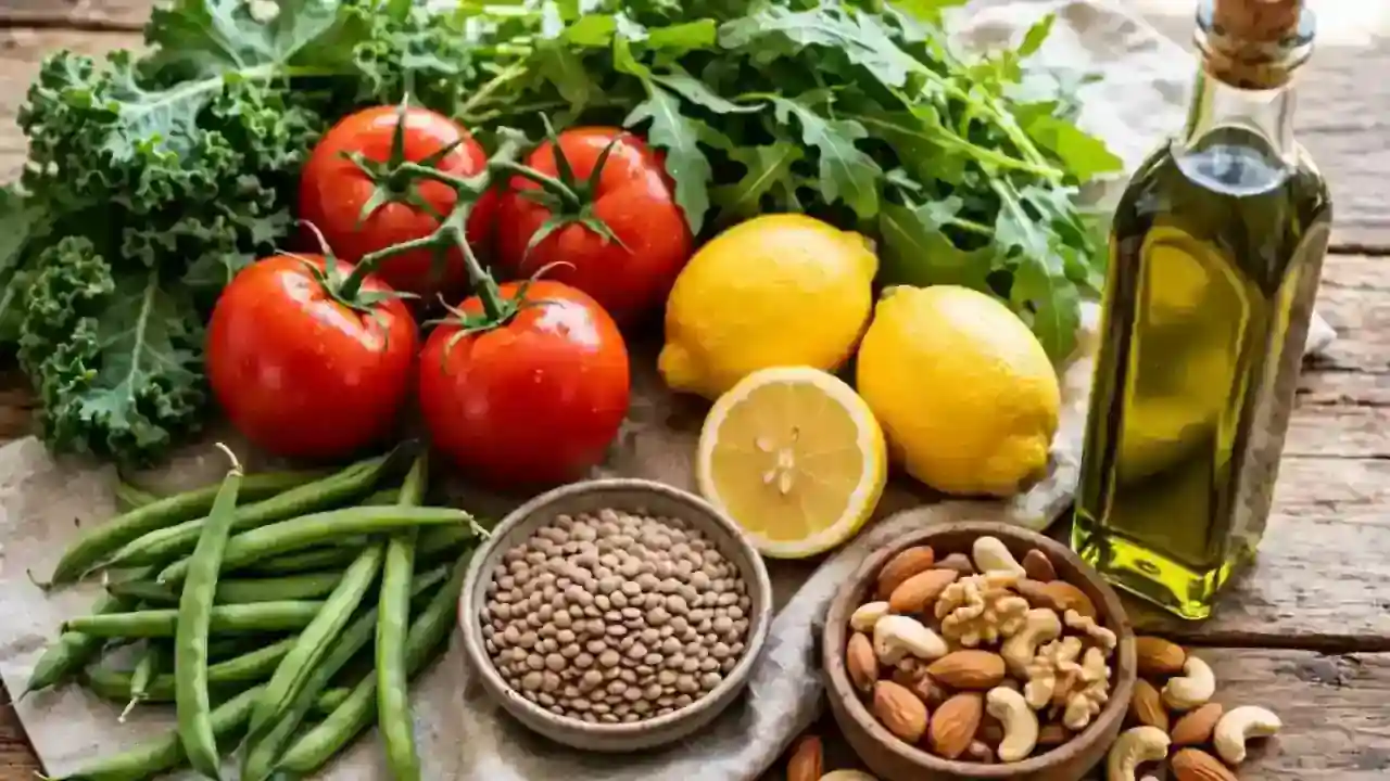 Fresh Mediterranean market ingredients including tomatoes, greens, lemons, beans, lentils, nuts and olive oil