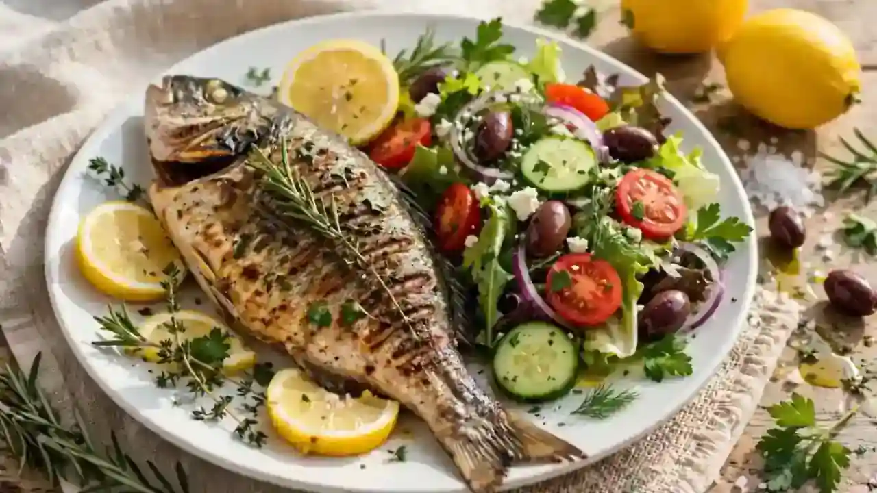 Grilled fish with lemon and herbs beside a fresh vegetable salad