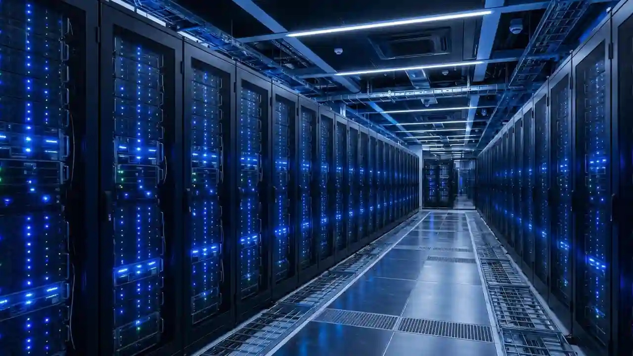 Rows of modern servers with blue lights in a data centre