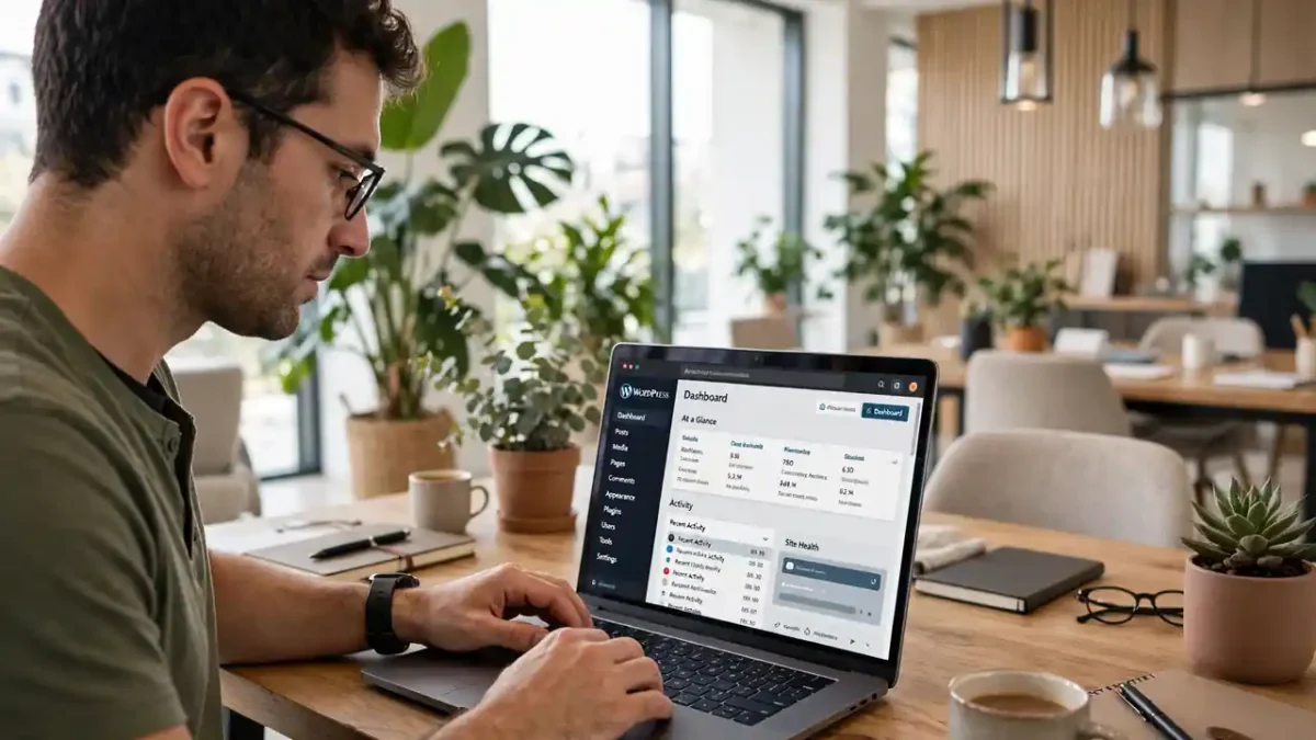 Small business owner working on a WordPress website on a laptop in a bright office