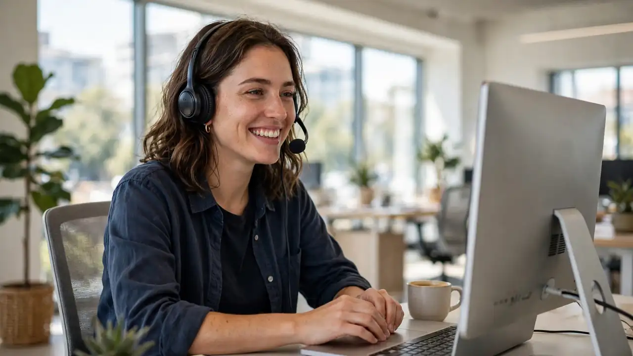 A support agent wearing a headset helping a customer at a computer
