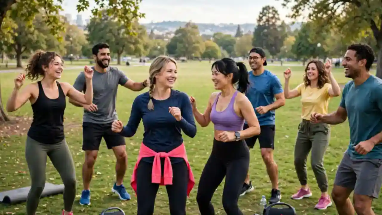 Friends enjoying a group outdoor fitness class with music in a park