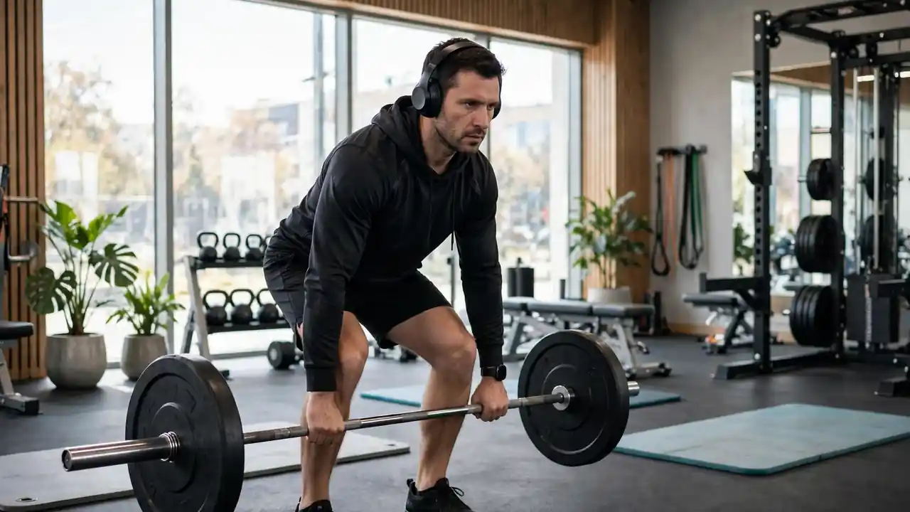 A person wearing headphones lifting weights in a bright modern gym