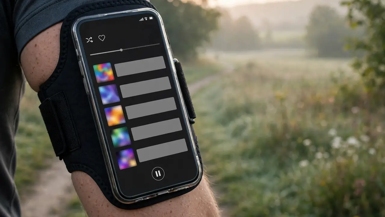 A runner checking a workout playlist on a phone during a morning run