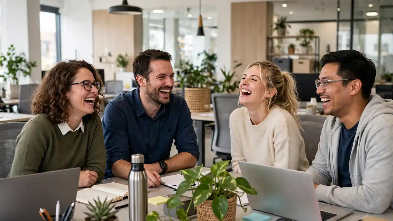 Colleagues laughing together around desks in a bright modern office comedy scene