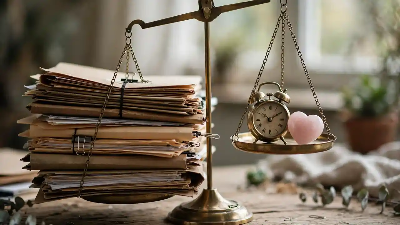 A scale weighed down by work folders against a small clock and heart