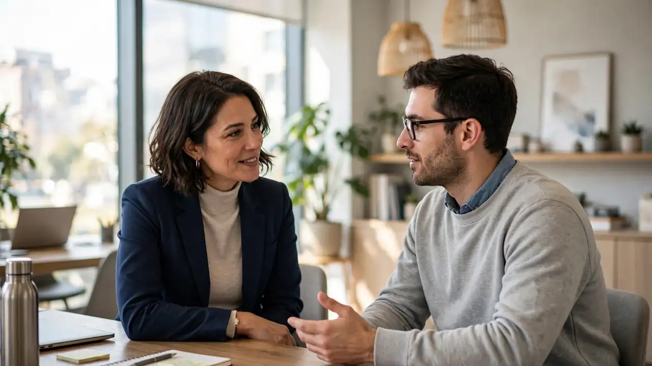 A manager and employee having a supportive one-to-one conversation in a bright office