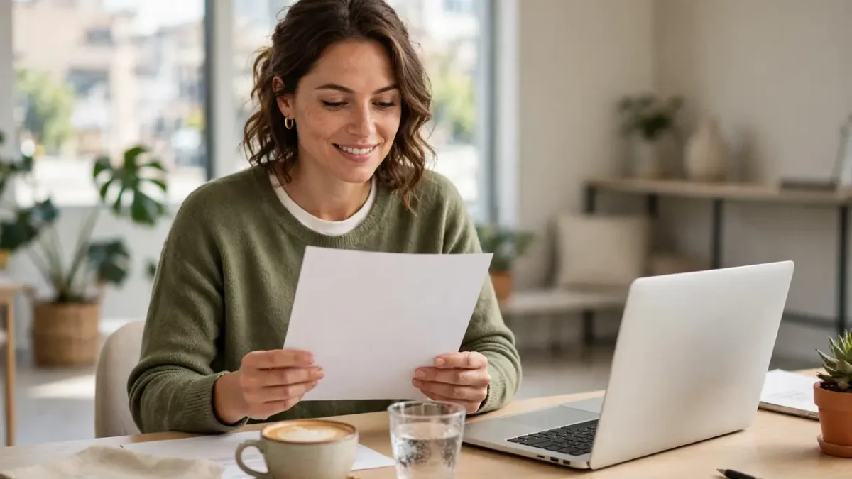 A job seeker reviewing a clean printed CV at a bright desk with a laptop and coffee.