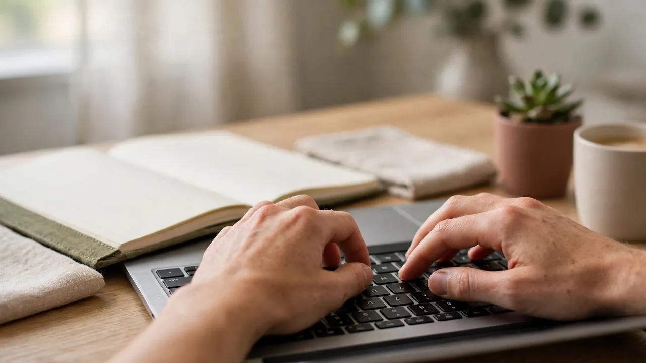 Close view of hands typing a CV on a laptop keyboard at a tidy home office desk.
