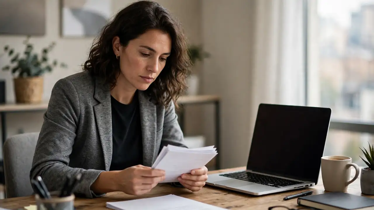A recruiter reading a short stack of CVs at an office desk with a laptop.