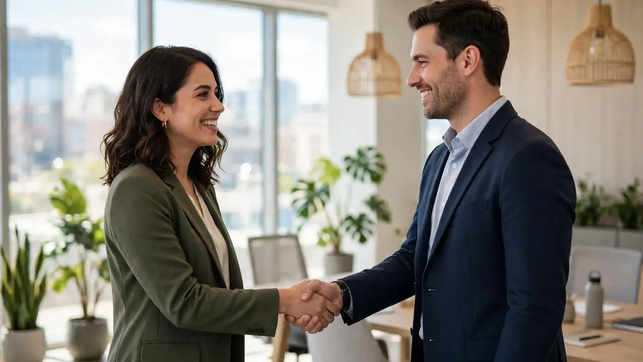 A smiling person shaking hands in a bright modern office after a successful job interview.