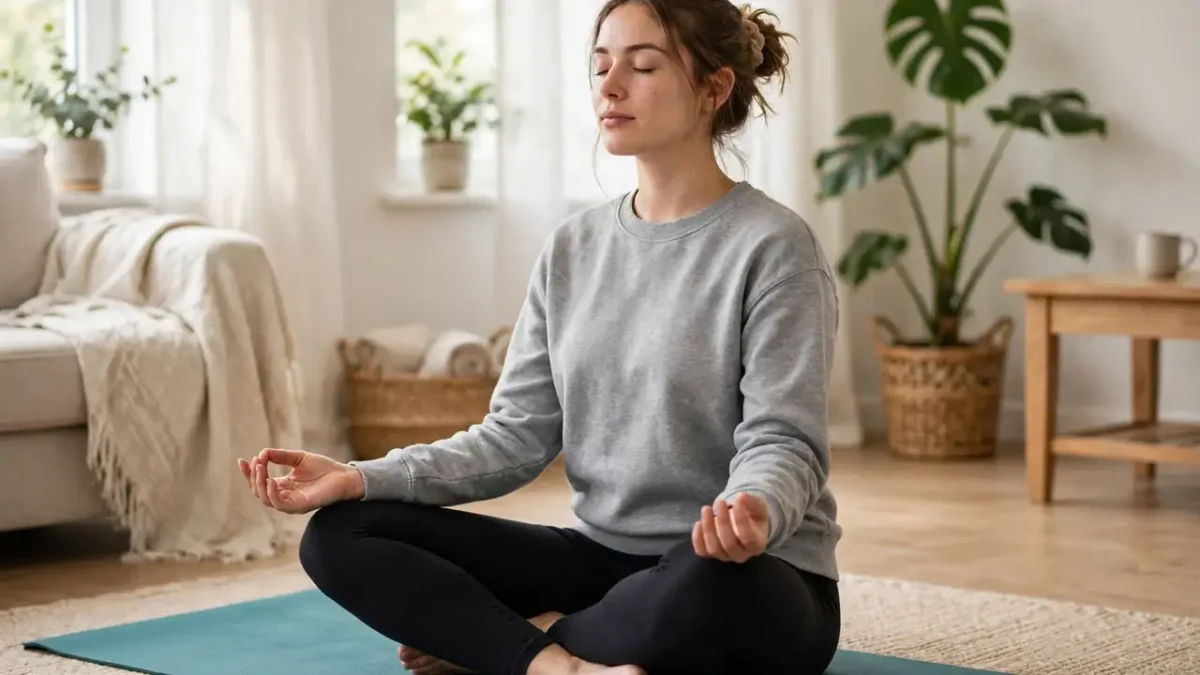 Beginner woman doing gentle morning yoga on a mat in a bright living room