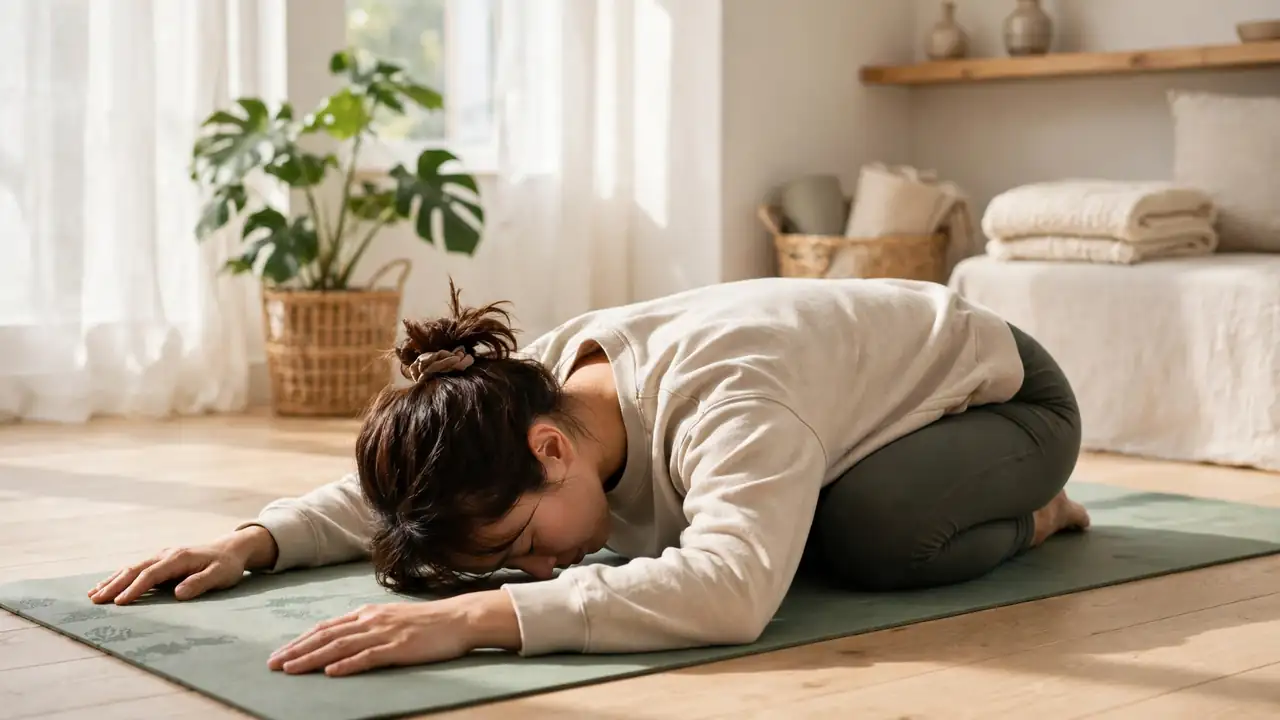Person resting in child's pose on a yoga mat at home