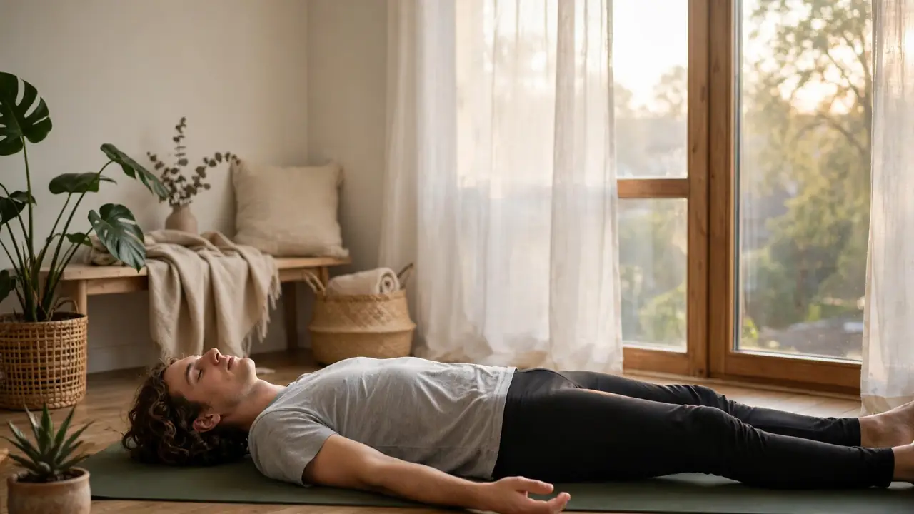 Person lying in final relaxation pose on a yoga mat by a window in the morning
