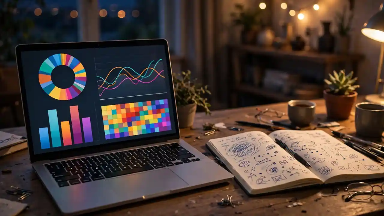 A laptop showing colourful video analytics charts, with a notebook beside it