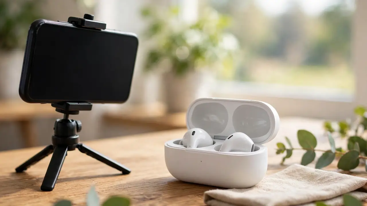 A smartphone on a tripod recording a close-up demo of wireless earbuds on a wooden desk